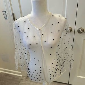 NWT Grace Chang New York ivory sheer black beaded jacket with ruffled sleeves M